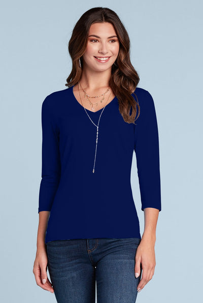 Karen Relaxed Fit 3/4 Sleeve V-Neck Top in Navy