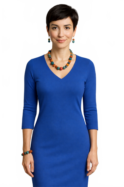 Cobalt V-Neck 3/4 Sleeve Top Front View - Flattering Fit Machine Washable | JudyP Apparel