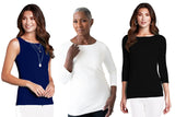 Business professional tops for women: JudyP Christina shell in navy, Sabrina in white and Sabrina in black