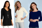 JudyP Sandra tunic in black, Deborah V-neck in pearl and Sabrina in navy