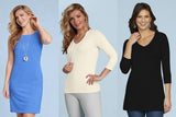 JudyP Deena dress in cerulean, Deborah V-neck in pearl and Sandra tunic in black