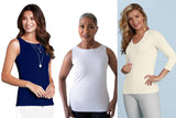 JudyP Christina shell in navy and white with Deborah V-neck in pearl