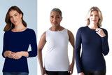JudyP travel tops: Sabrina in navy, Christina shell in white and Juliet in navy