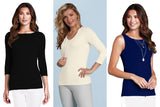 JudyP work tops: Sabrina in black, Deborah V-neck in pearl and Christina shell in navy