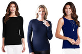 JudyP smart casual tops for women: Sabrina boatneck in black, Juliet jewel neck in navy and Christina shell in navy