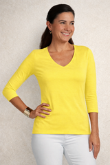 Chartreuse V-Neck 3/4 Sleeve Top Front View - Made in USA | JudyP Apparel