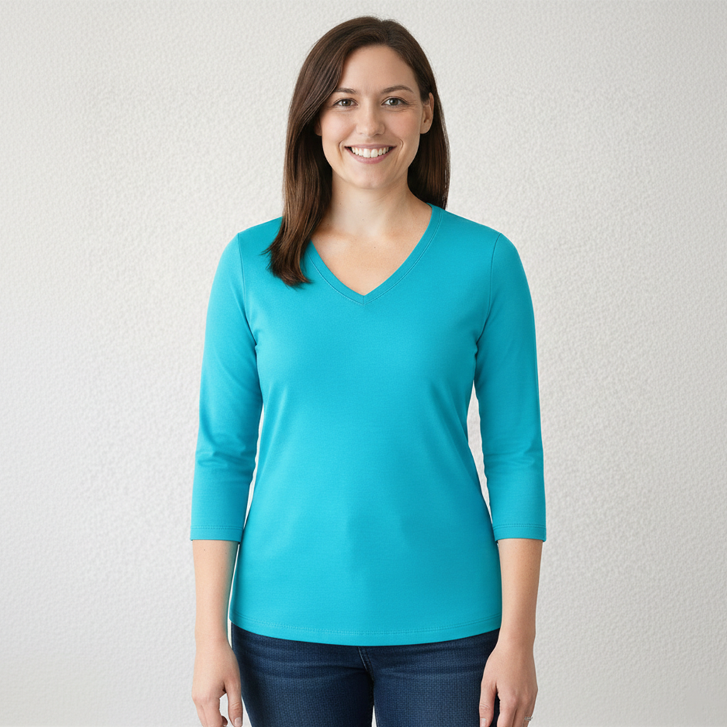 Turquoise V-Neck 3/4 Sleeve Top Front View - Moisture Wicking | JudyP Apparel