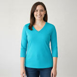 Turquoise V-Neck 3/4 Sleeve Top Front View - Moisture Wicking | JudyP Apparel