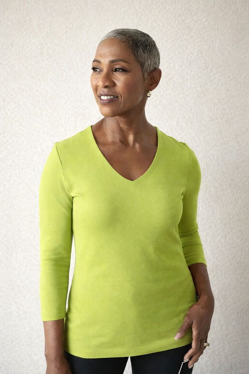 Chartreuse V-Neck 3/4 Sleeve Tunic Angled View - Made in USA | JudyP Apparel