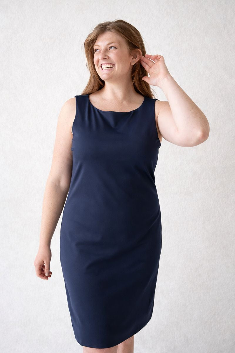 Navy Scoop Neck Sleeveless Dress Angled View - Moisture Wicking | JudyP Apparel