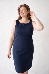 Navy Scoop Neck Sleeveless Dress Angled View - Moisture Wicking | JudyP Apparel