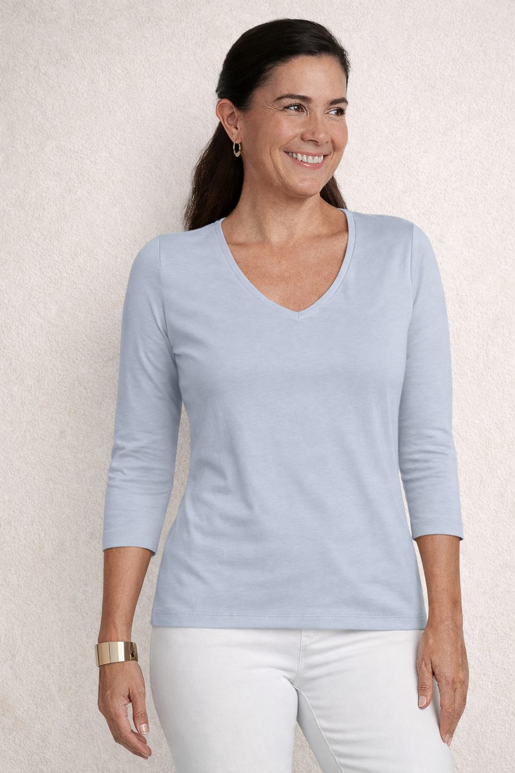 Periwinkle V-Neck 3/4 Sleeve Top Front View - Made in USA | JudyP Apparel