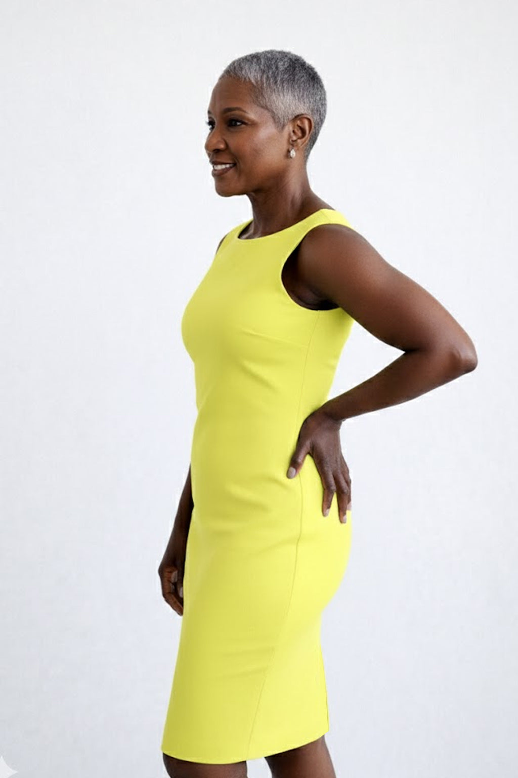 Chartreuse Scoop Neck Sleeveless Dress Angled View - Machine Washable | JudyP Apparel