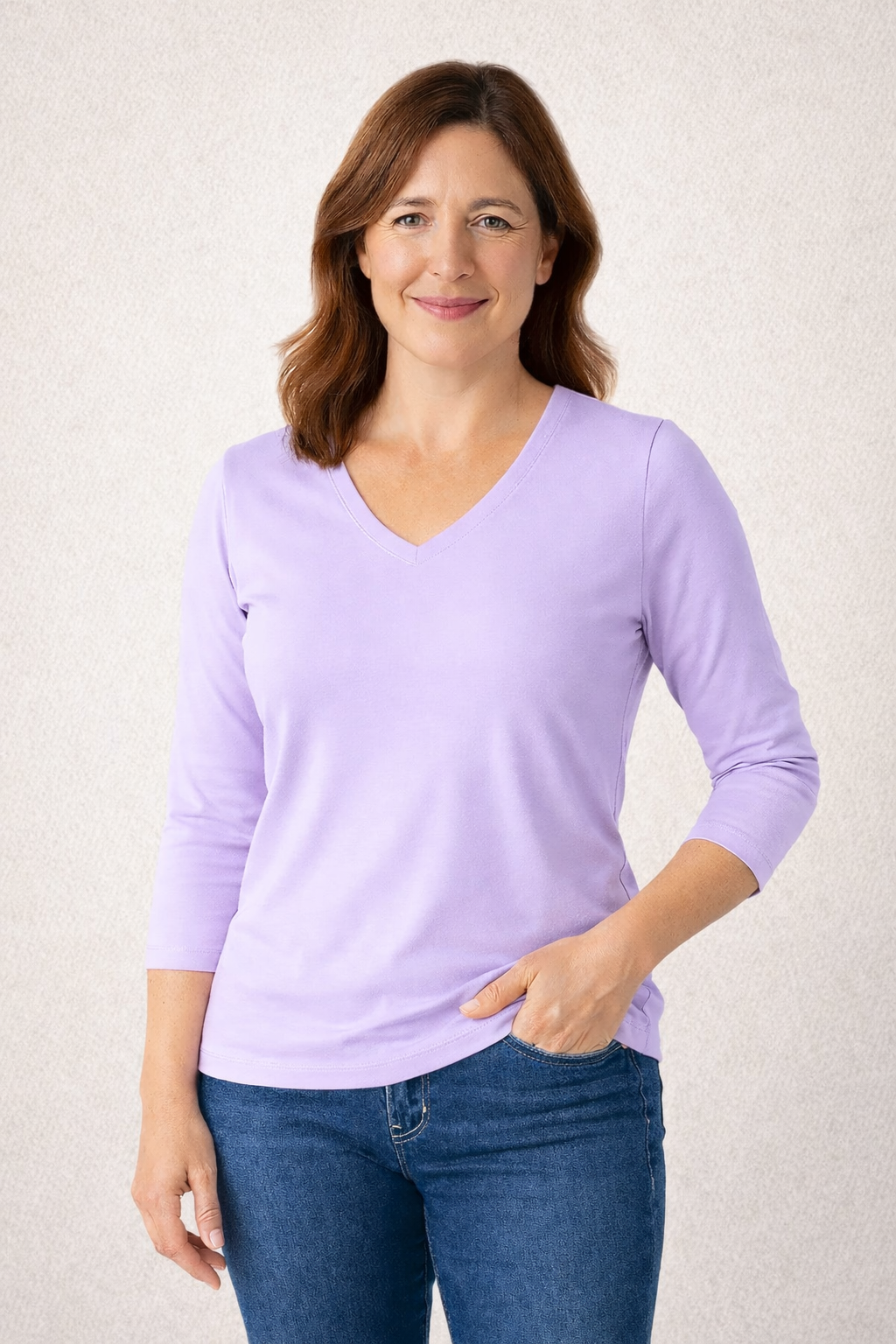 Dusty Rose V-Neck 3/4 Sleeve Top Front View - UPF 50 | JudyP Apparel