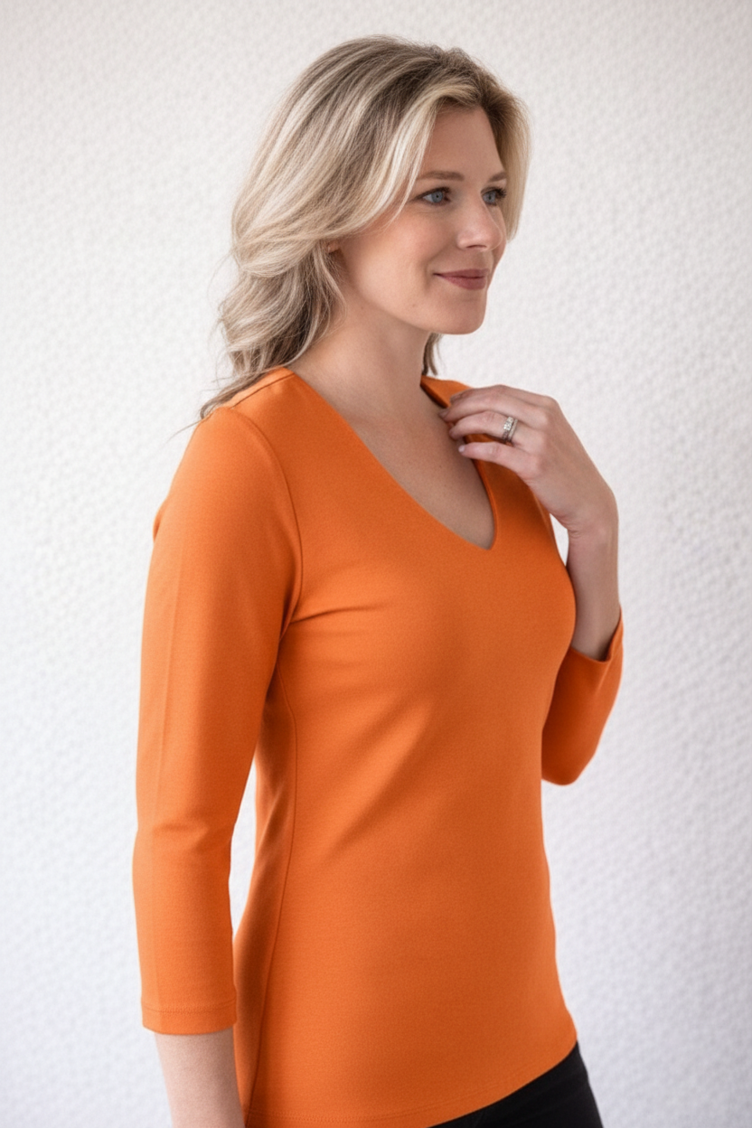 Tangerine V-Neck 3/4 Sleeve Top Side Profile - Travel Clothing | JudyP Apparel