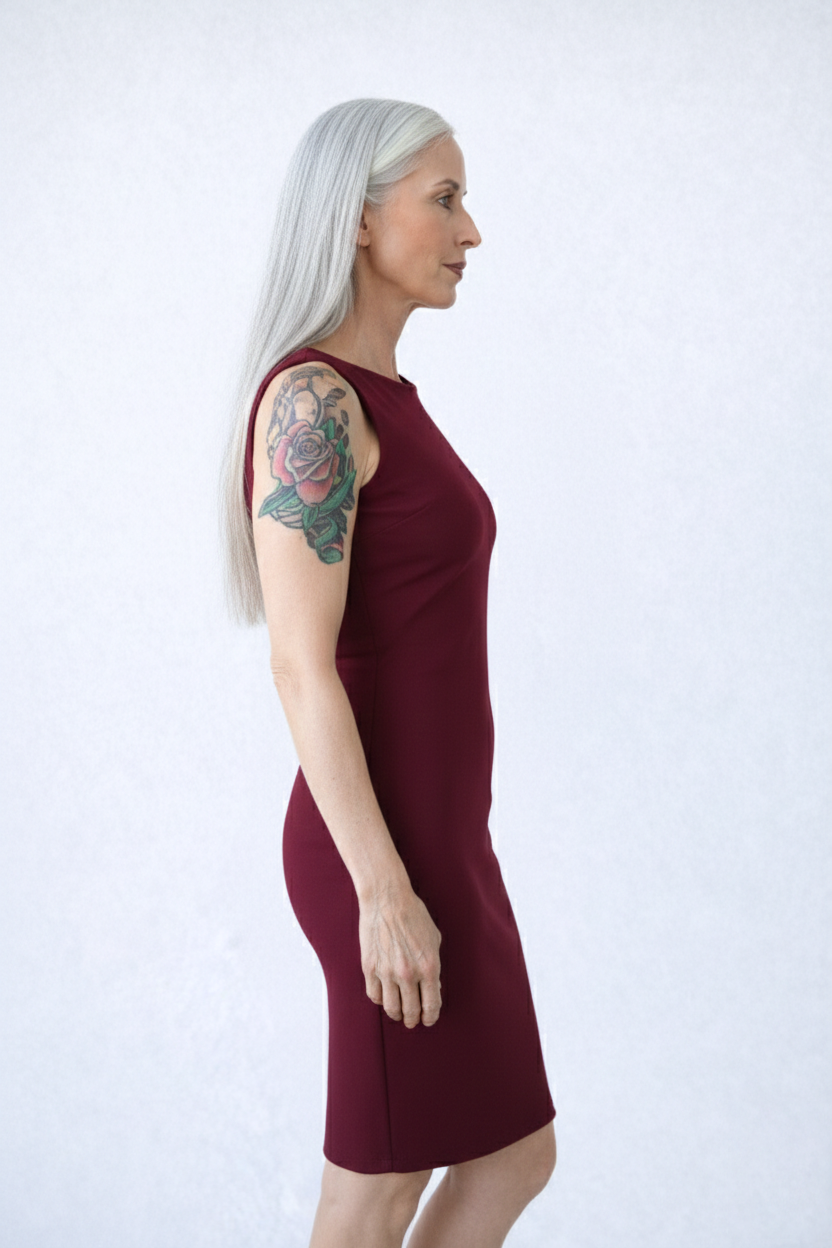 Burgundy Crewneck Sleeveless Dress Side Profile - Wrinkle-Free | JudyP Apparel