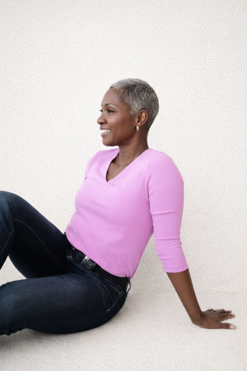 Cotton Candy V-Neck 3/4 Sleeve Top Side Profile - Moisture Wicking | JudyP Apparel