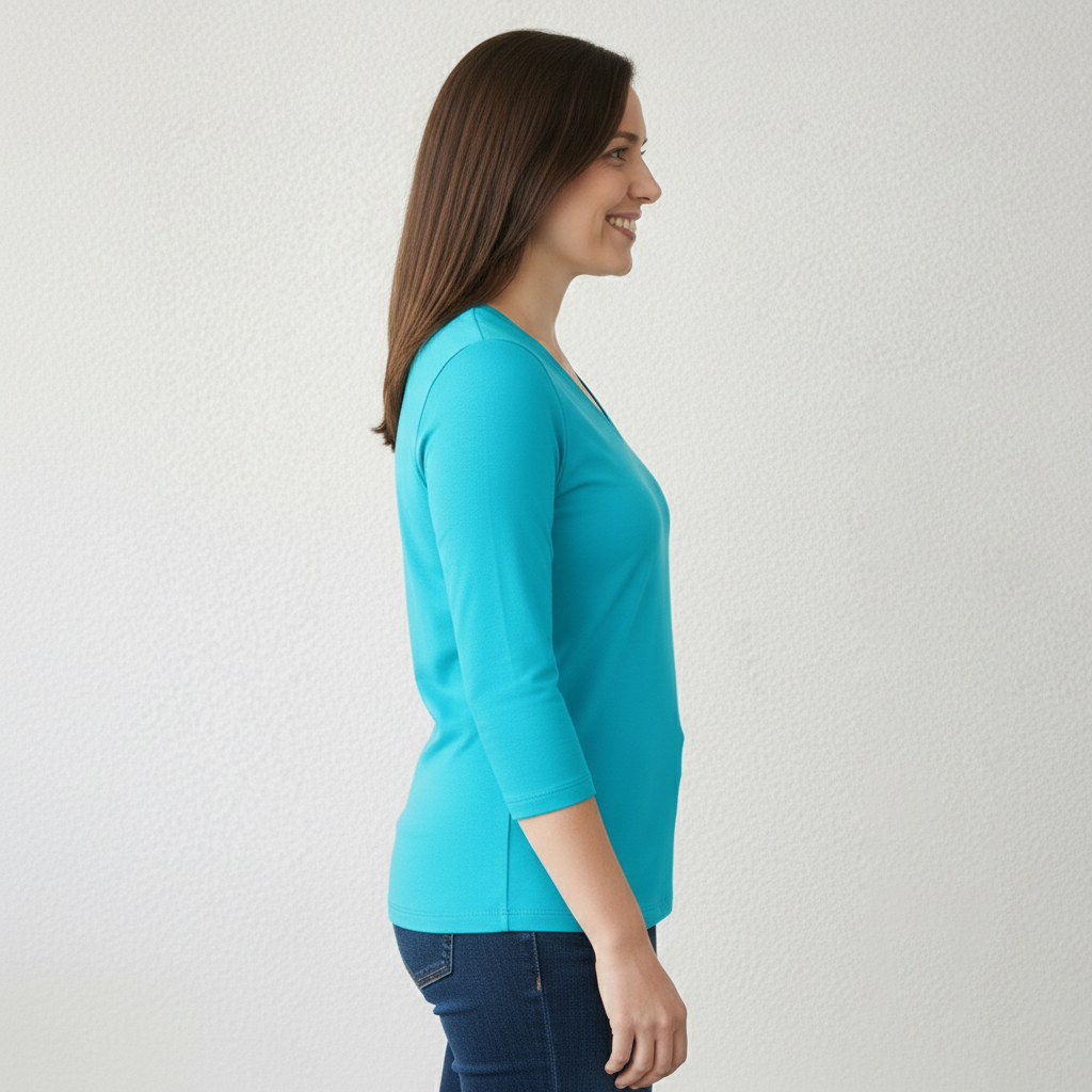 Turquoise V-Neck 3/4 Sleeve Top Side Profile - Made in USA | JudyP Apparel