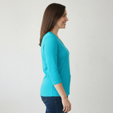Turquoise V-Neck 3/4 Sleeve Top Side Profile - Made in USA | JudyP Apparel