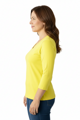Chartreuse V-Neck 3/4 Sleeve Top Side Profile - Travel Clothing | JudyP Apparel