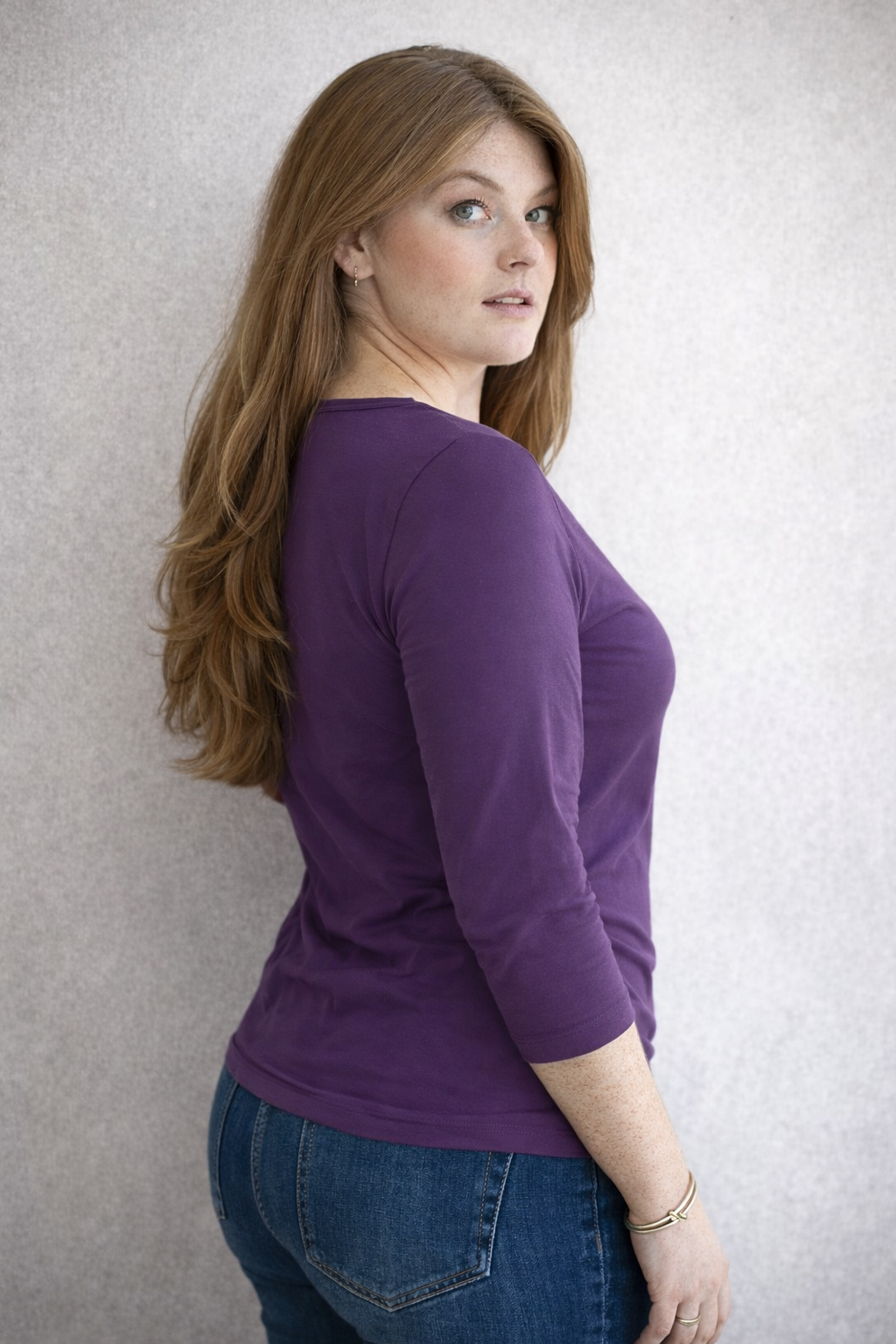 Imperial Purple Crewneck 3/4 Sleeve Top Side Profile - Flattering Fit | JudyP Apparel