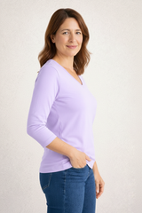 Dusty Rose V-Neck 3/4 Sleeve Top Angled View - Wrinkle-Free | JudyP Apparel