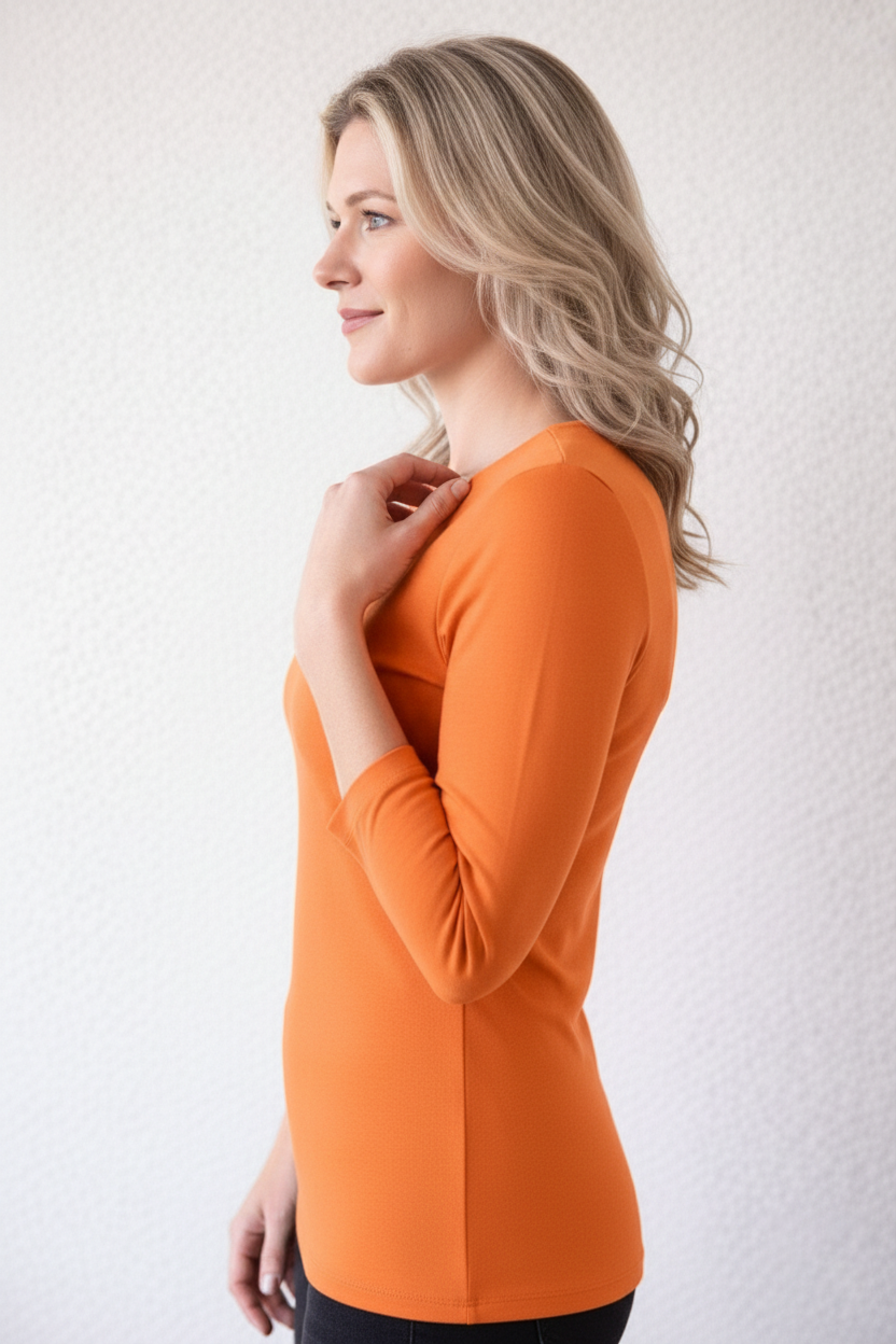 Tangerine Crewneck Long Sleeve Top Side Profile - Wrinkle-Free | JudyP Apparel