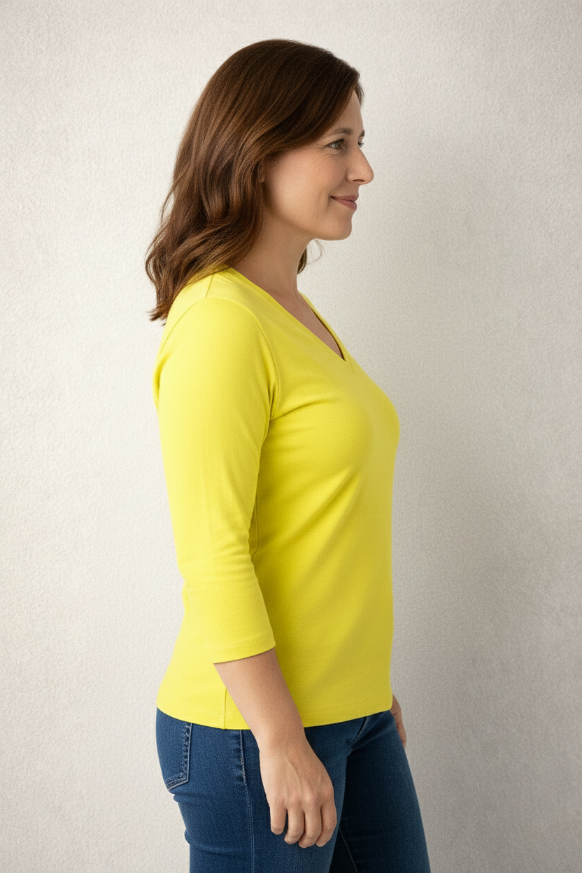 Chartreuse V-Neck 3/4 Sleeve Top Side Profile - Made in USA | JudyP Apparel
