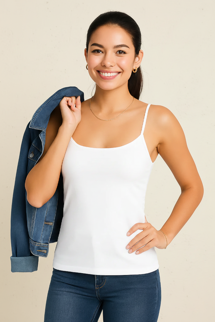 White Scoop Neck Sleeveless Tank Top Full Length View - Travel Clothing | JudyP Apparel