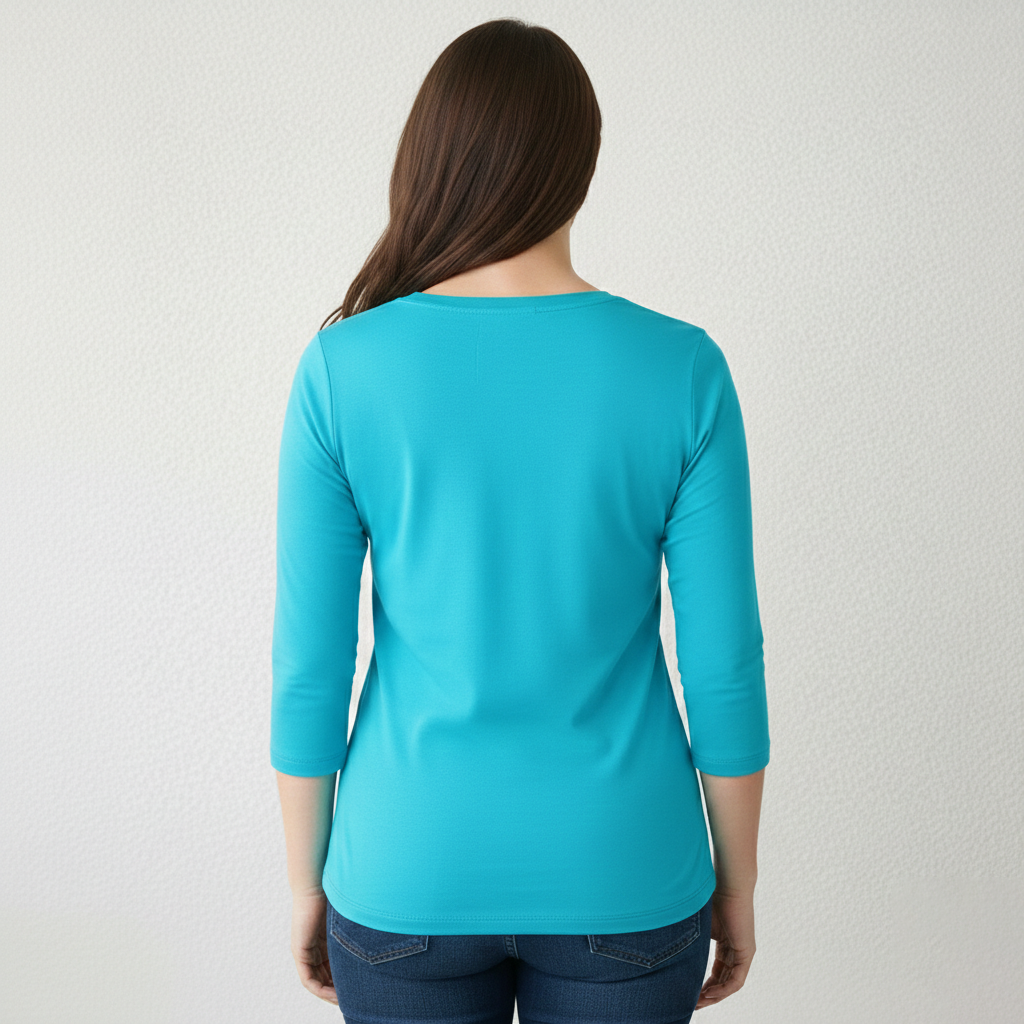 Turquoise V-Neck 3/4 Sleeve Top Back View - UPF 50 | JudyP Apparel