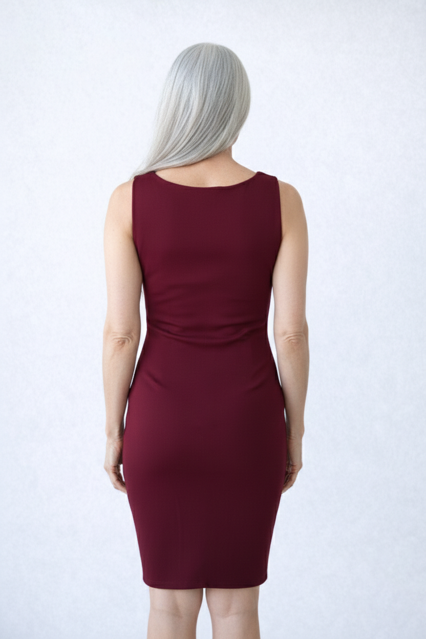 Burgundy Crewneck Sleeveless Dress Back View - Made in USA | JudyP Apparel
