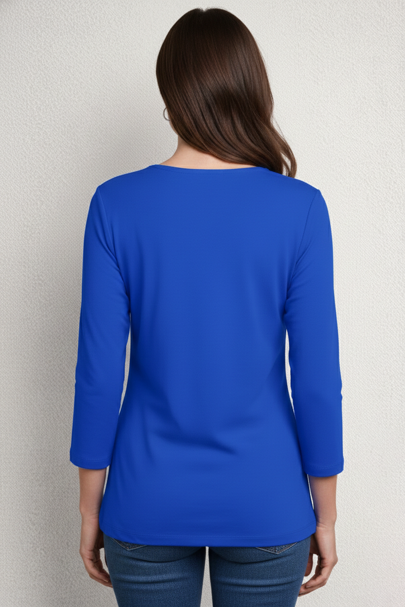 Bright Royal Scoop Neck 3/4 Sleeve Tunic Back View - Wrinkle-Free | JudyP Apparel