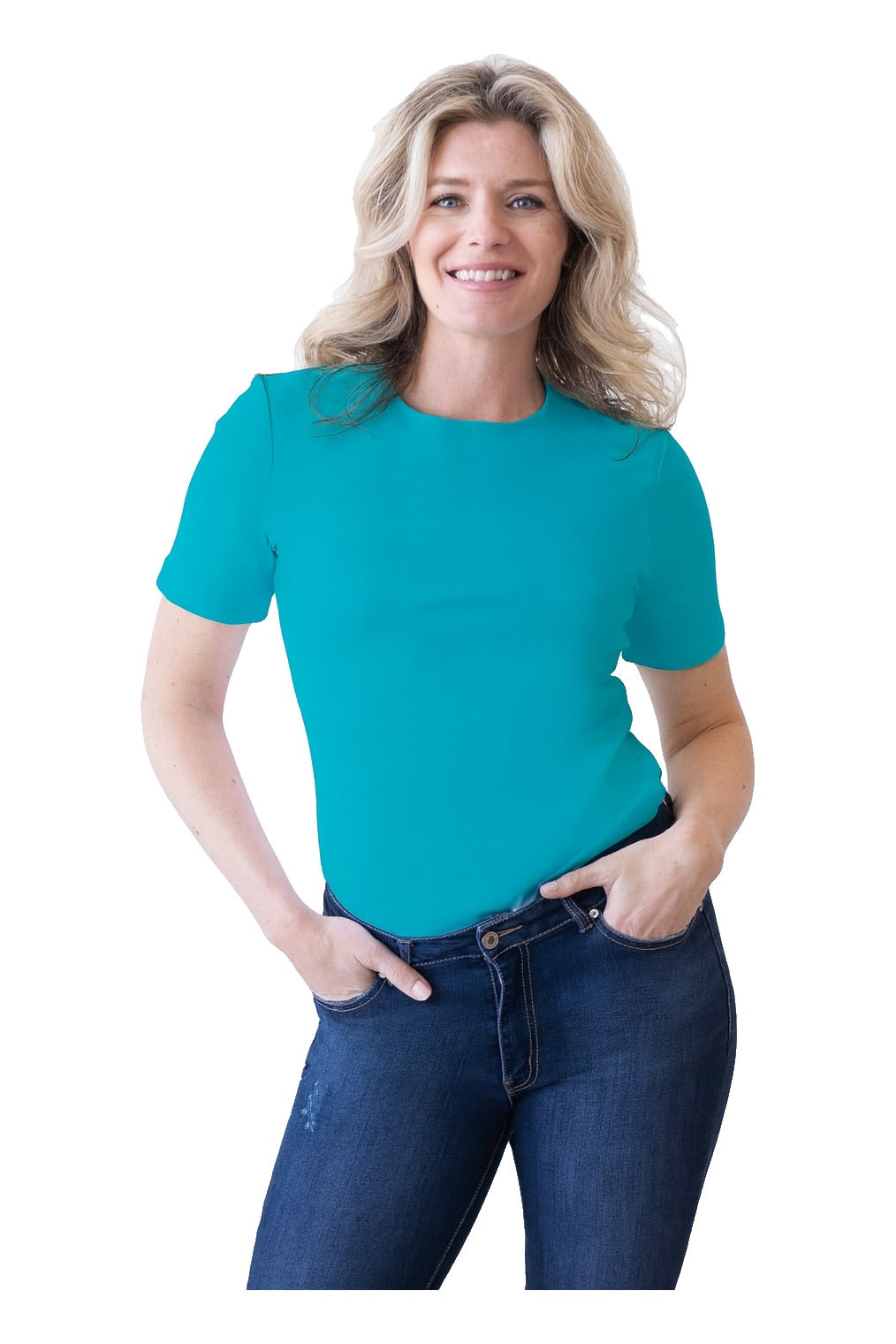Cathy Short Sleeve Jewel Neck Top in Aqua Wave