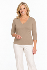 Deborah 3/4 Sleeve V-Neck Top in Natural, front view