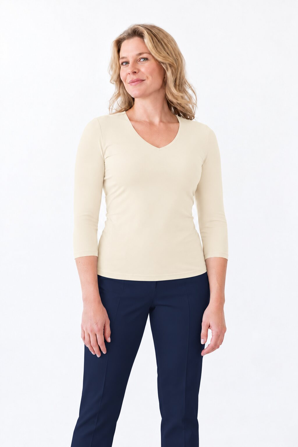 Deborah 3/4 Sleeve V-Neck Top in Pearl, front view