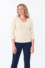Deborah 3/4 Sleeve V-Neck Top in Pearl, front view