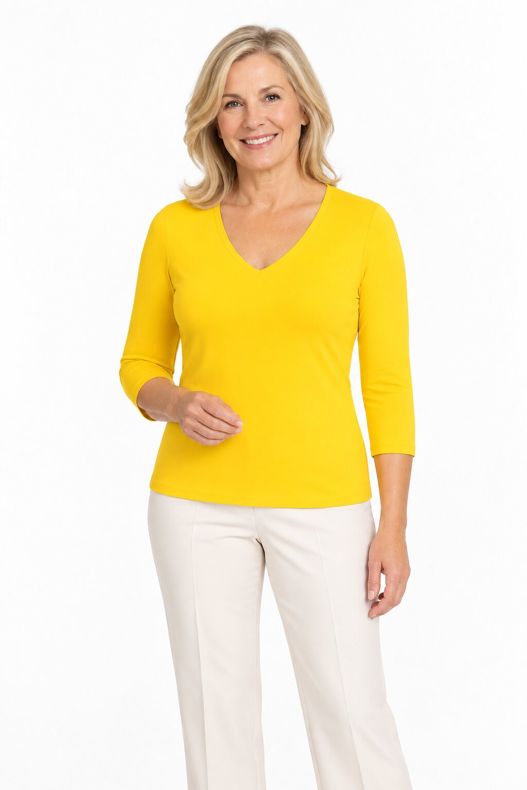 Deborah 3/4 Sleeve V-Neck Top in Sunflower, front view