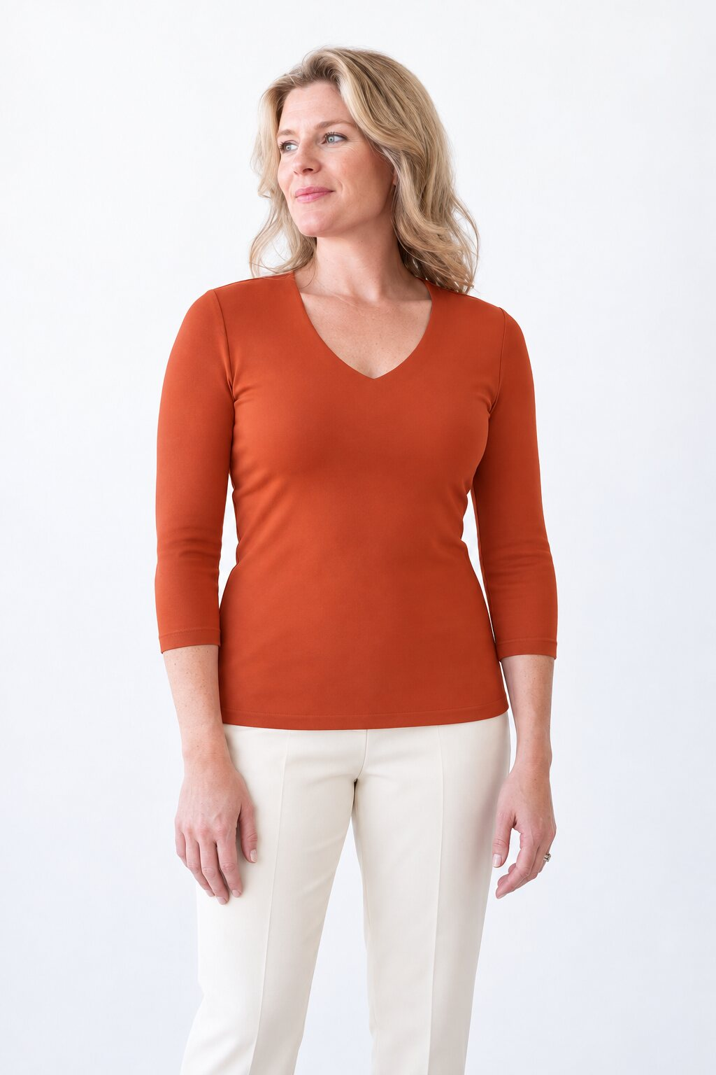 Deborah 3/4 Sleeve V-Neck Top in Terra Cotta, front view