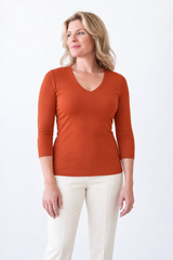 Deborah 3/4 Sleeve V-Neck Top in Terra Cotta, front view