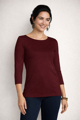 Burgundy Boatneck 3/4 Sleeve Top Angled - Moisture Wicking | JudyP Apparel
