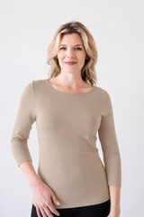 Natural Scoop Neck 3/4 Sleeve Top Front View - Wrinkle-Free Flattering Fit | JudyP Apparel