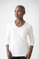 White V-Neck 3/4 Sleeve Top Angled - Elevated Basic | JudyP Apparel