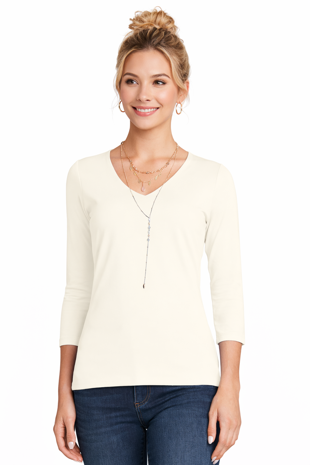 Karen Relaxed Fit 3/4 Sleeve V-Neck Top in Pearl