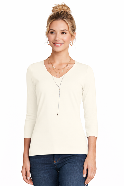 Karen Relaxed Fit 3/4 Sleeve V-Neck Top in Pearl