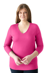 Fuchsia V-Neck 3/4 Sleeve Top Front View - Flattering Fit | JudyP Apparel