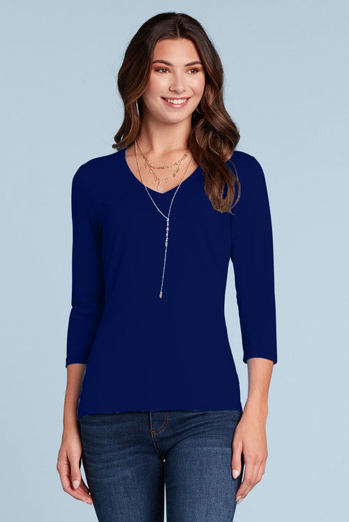 Karen Relaxed Fit 3/4 Sleeve V-Neck Top in Navy