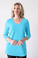 Turquoise V-Neck 3/4 Sleeve Tunic Front View - Wrinkle-Free | JudyP Apparel
