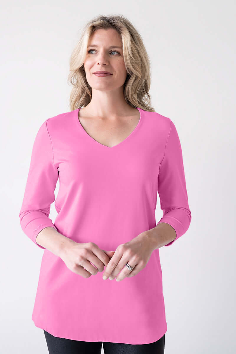 Fuchsia V-Neck 3/4 Sleeve Tunic Front View - Travel Clothing | JudyP Apparel
