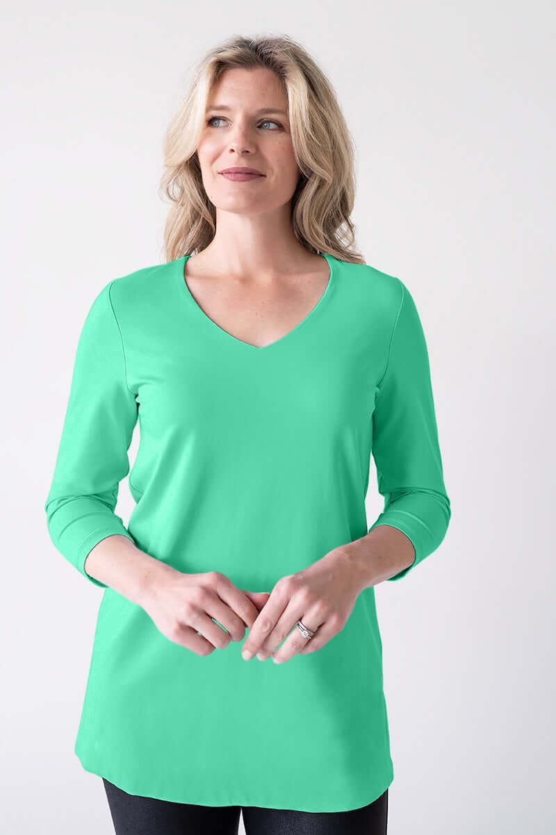 Fern V-Neck 3/4 Sleeve Tunic Front View - UPF 50 | JudyP Apparel