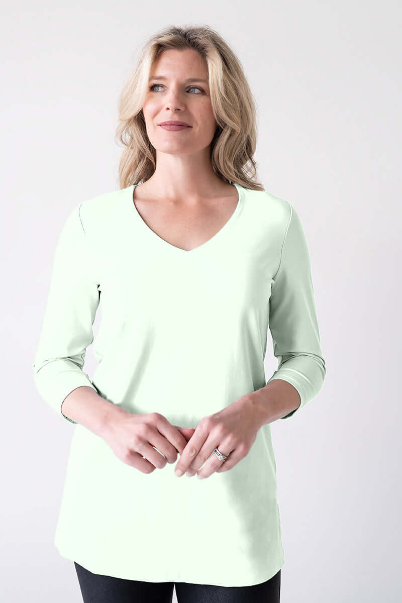 Ivory V-Neck 3/4 Sleeve Tunic Front View - Flattering Fit | JudyP Apparel